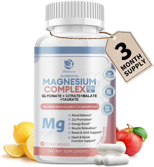 500mg Lukaree Magnesium Complex Supplement - Chelated Magnesium Glycinate, Malate, Taurate, Citrate & Herbal Extracts - 90 Vegan Capsules for Wellness