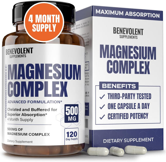 500mg Magnesium Complex Supplement for Calm, Sleep & Leg Cramps - 4 Month Supply, Bisglycinate, Oxide, Taurate, Chelate, Citrate - Max Absorption - 120 Capsules