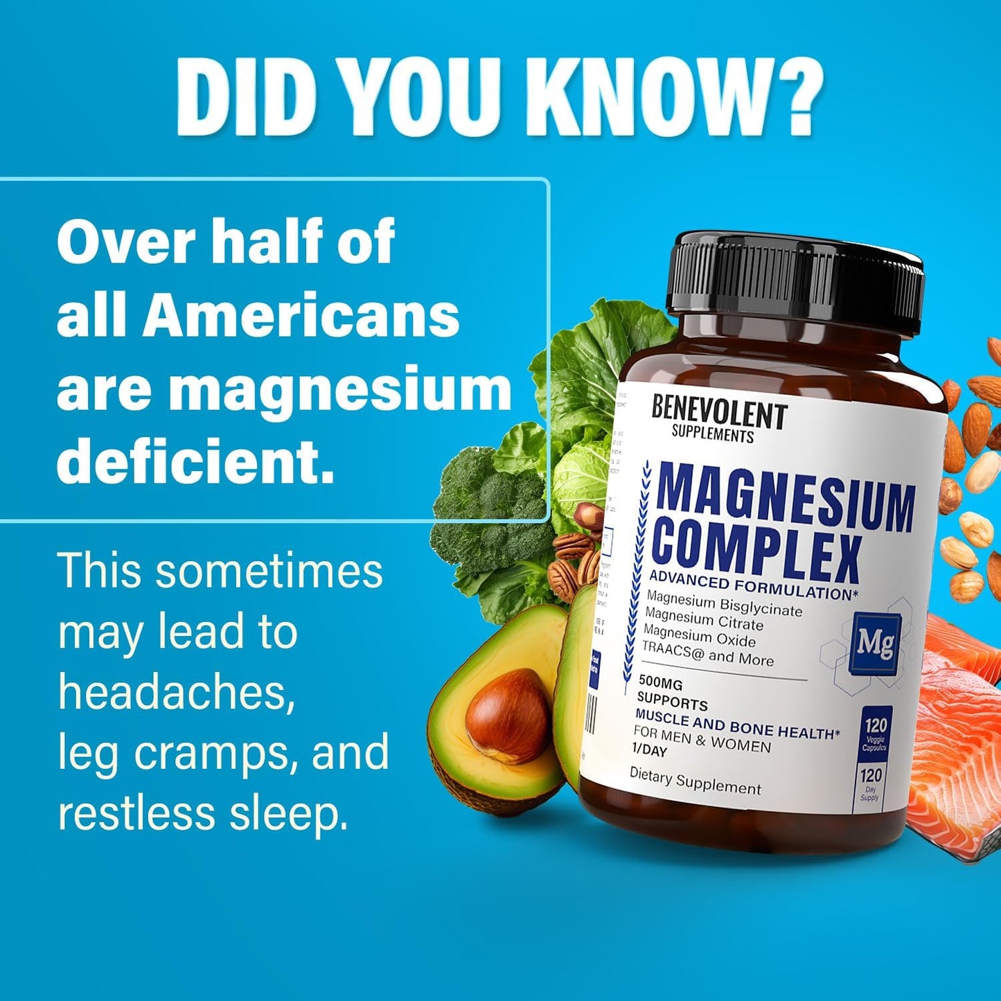 500mg Magnesium Complex Supplement for Calm, Sleep & Leg Cramps - 4 Month Supply, Bisglycinate, Oxide, Taurate, Chelate, Citrate - Max Absorption - 120 Capsules