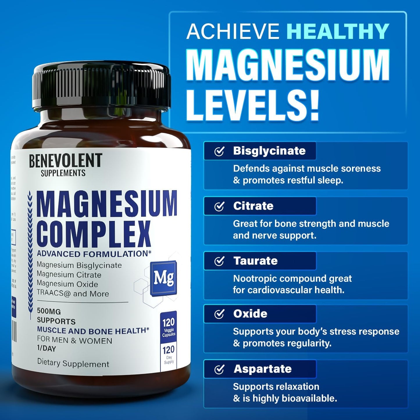 500mg Magnesium Complex Supplement for Calm, Sleep & Leg Cramps - 4 Month Supply, Bisglycinate, Oxide, Taurate, Chelate, Citrate - Max Absorption - 120 Capsules
