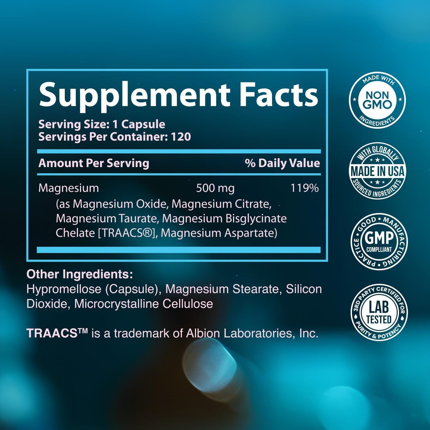 500mg Magnesium Complex Supplement for Calm, Sleep & Leg Cramps - 4 Month Supply, Bisglycinate, Oxide, Taurate, Chelate, Citrate - Max Absorption - 120 Capsules