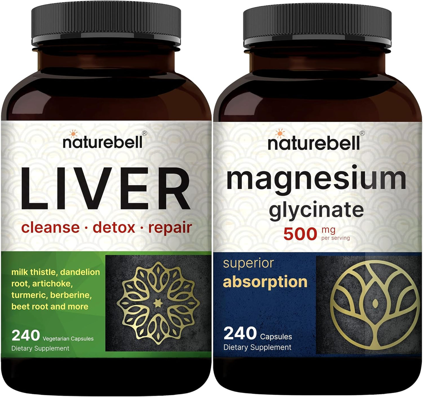 500mg Magnesium Glycinate Capsules & Liver Cleanse Detox Supplement Bundle - Chelated Mineral Complex with Milk Thistle 500mg for Purification