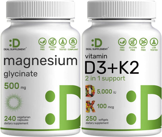 500mg Magnesium Glycinate Capsules with Vitamin D3 and K2 Bundle - Chelated Mineral for Easy Absorption - Essential Sunshine Vitamins