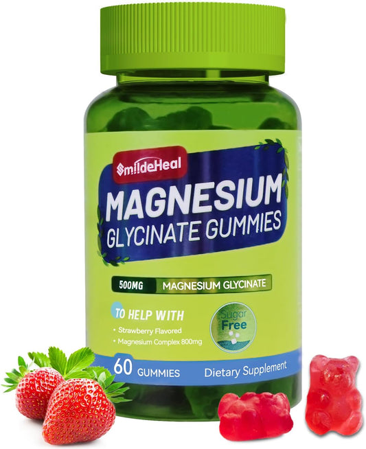 500mg Magnesium Glycinate Gummies with L-Threonate, Vitamin D, B6, CoQ10 - Strawberry Flavored - 60 Gummies - Sugar-Free Magnesium Potassium Supplement