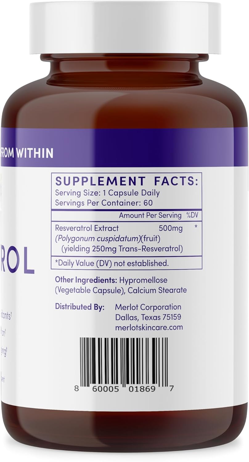 500mg Merlot Resveratrol Capsules - 60 Count - Anti-Aging Beauty Supplement - Non GMO, Gluten Free, Made in USA