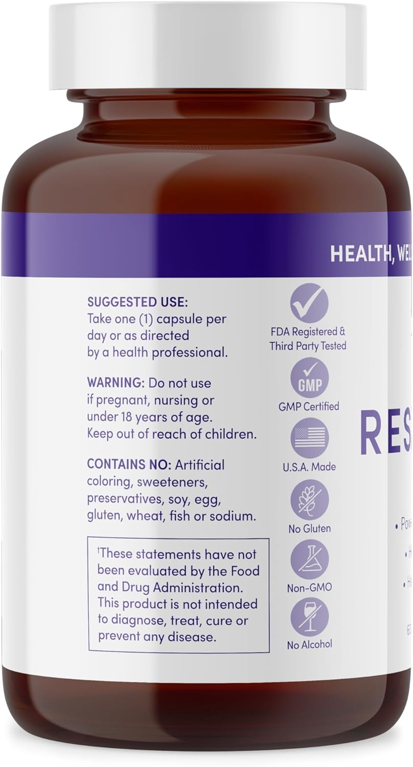 500mg Merlot Resveratrol Capsules - 60 Count - Anti-Aging Beauty Supplement - Non GMO, Gluten Free, Made in USA