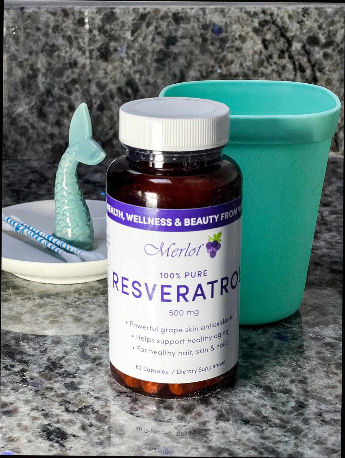 500mg Merlot Resveratrol Capsules - 60 Count - Anti-Aging Beauty Supplement - Non GMO, Gluten Free, Made in USA