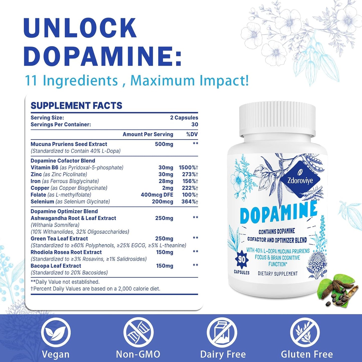 500mg Mucuna Pruriens Extract Capsules - Dopamine Supplements for Men and Women - 60 Capsules (2 Pack)