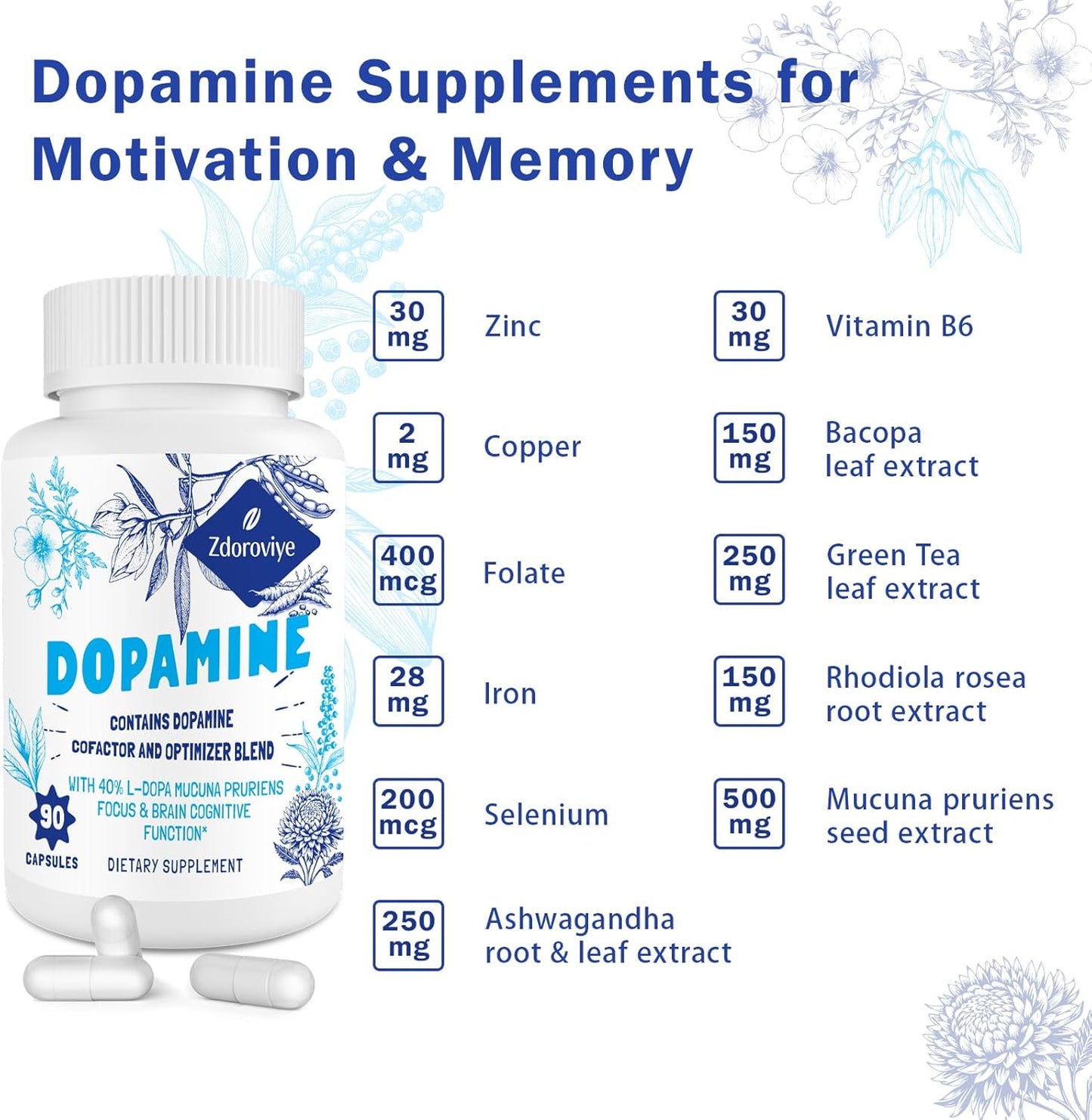 500mg Mucuna Pruriens Extract Capsules - Dopamine Supplements for Men and Women - 60 Capsules (2 Pack)