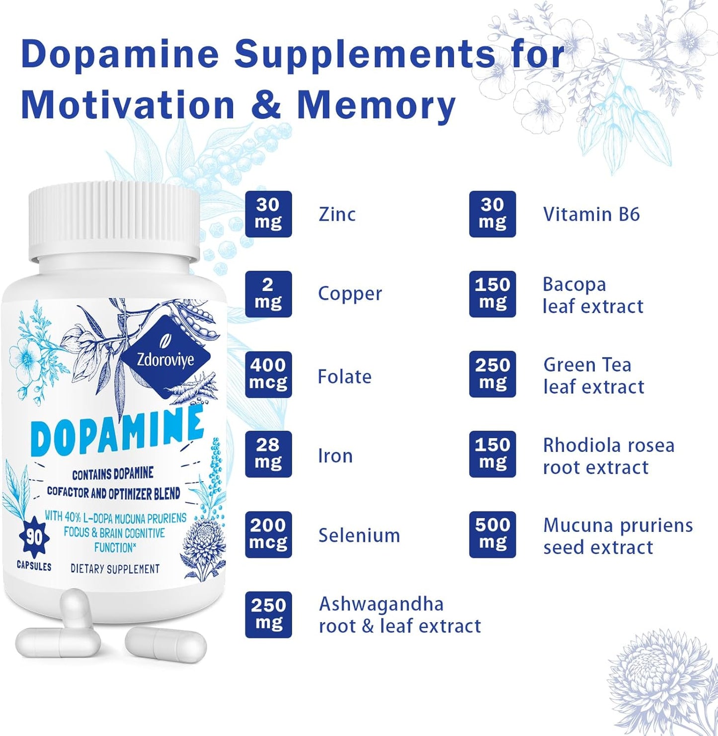 500mg Mucuna Pruriens Extract Supplements for Men and Women - Boost Dopamine Levels - 60 Capsules