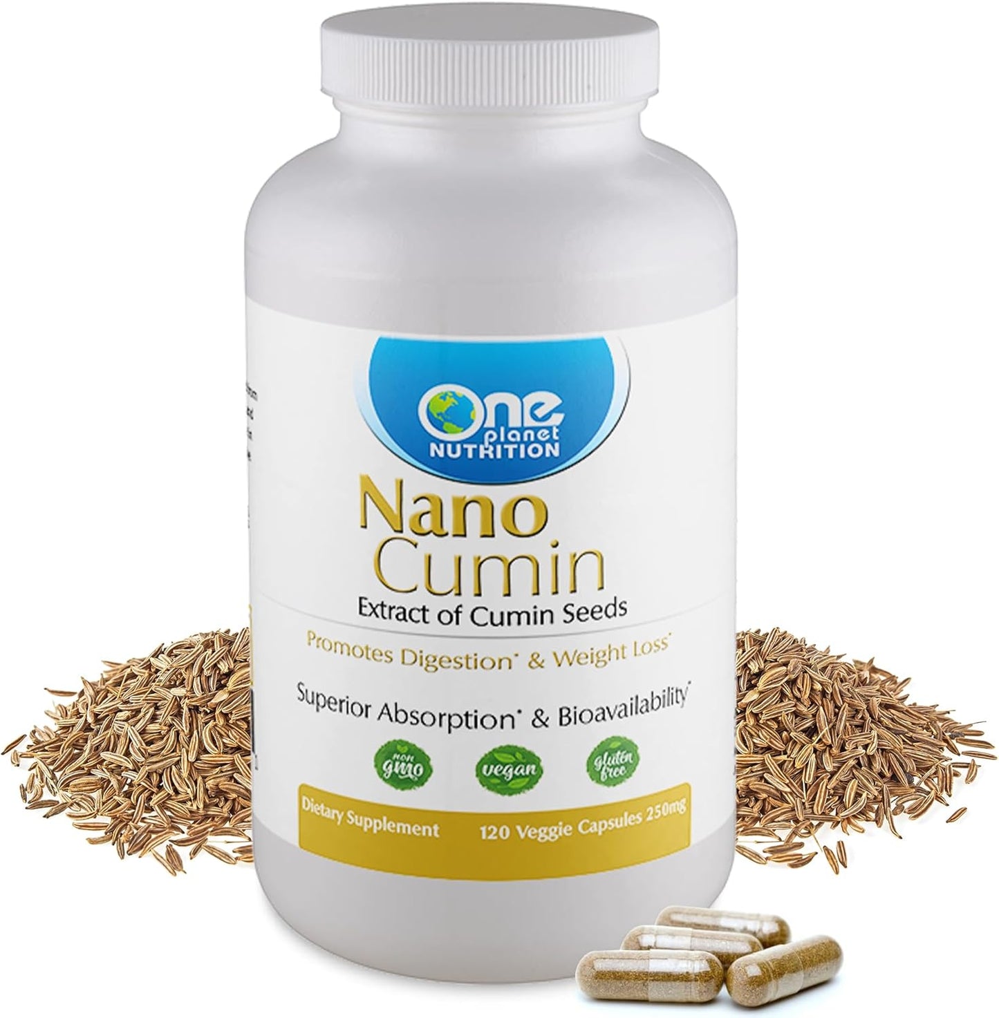 500mg Nano Cumin Supplement Capsules for High Absorption & Digestion - 120 Veggie Capsules by One Planet Nutrition
