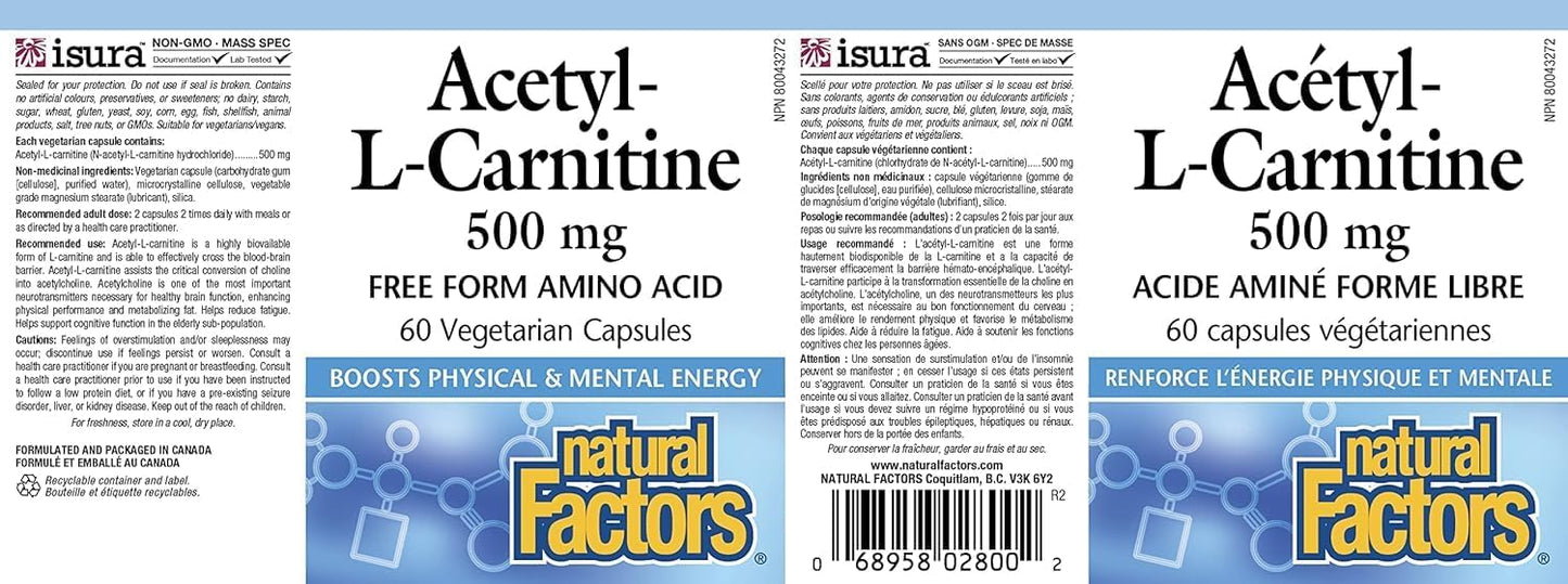 500mg Natural Factors Acetyl L-Carnitine Capsules - 60 Vegetarian Capsules