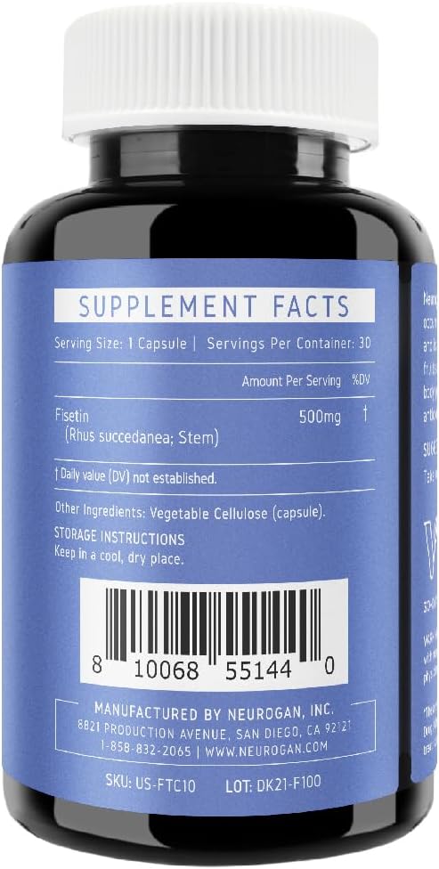 500MG Neurogan Fisetin Capsules - 98% Pure Brain Health Supplement for Memory, Focus, and Healthy Aging | Senolytic Support with Natural Polyphenols | Non-GMO, 30 Servings