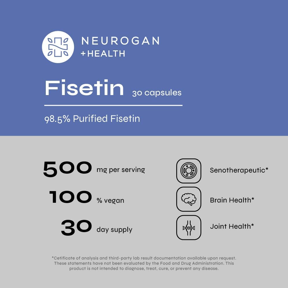 500MG Neurogan Fisetin Capsules - 98% Pure Brain Health Supplement for Memory, Focus, and Healthy Aging | Senolytic Support with Natural Polyphenols | Non-GMO, 30 Servings