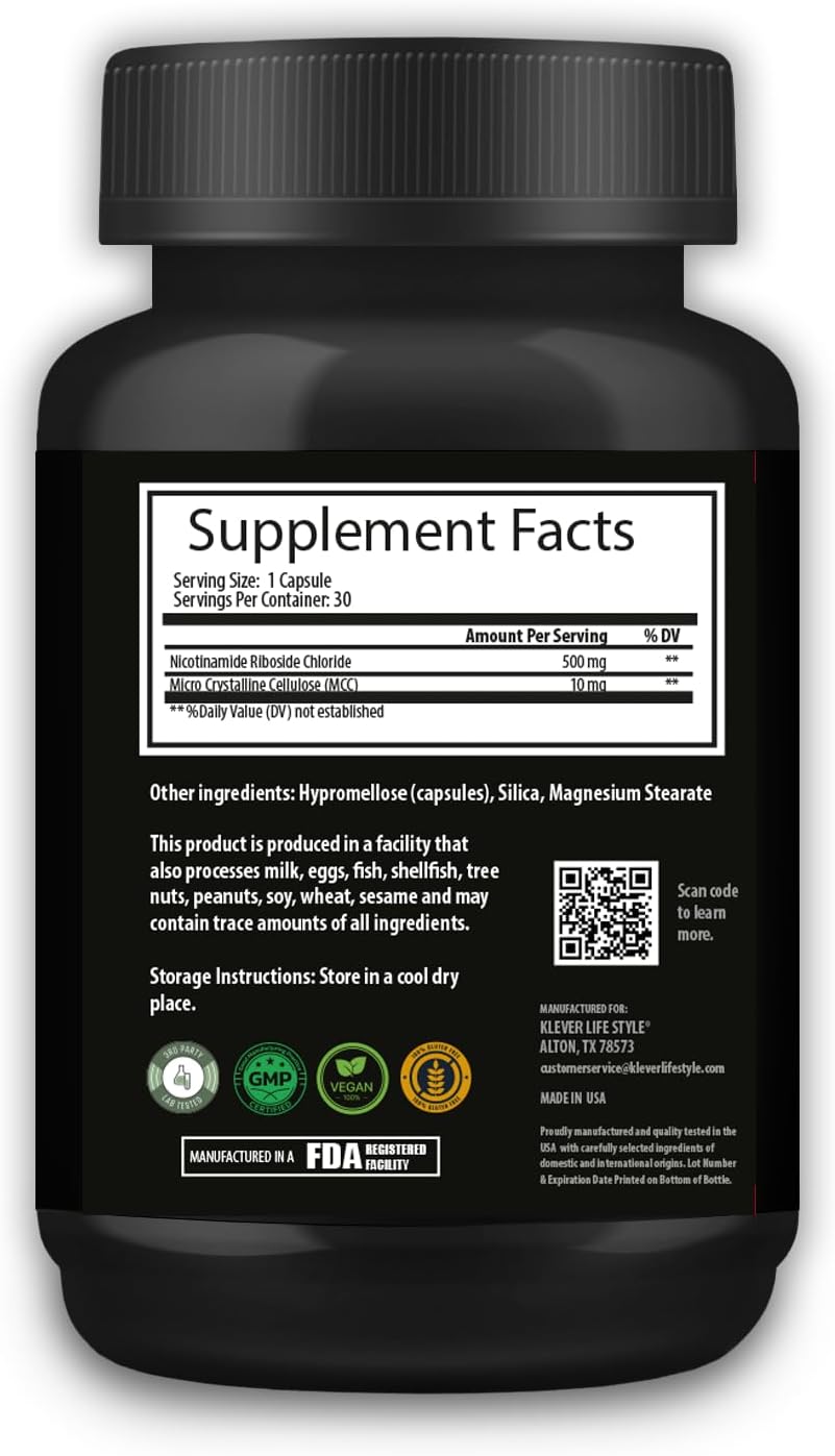 500mg Nicotinamide Riboside Supplement for Cellular Function & Anti-Aging Support - NAD+ Activator by Klever Lifestyle