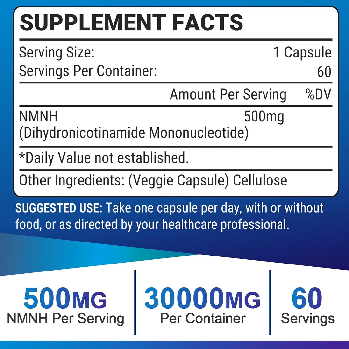 500mg NMNH NAD Supplement for Anti Aging & Energy - 60 Capsules - Boost NAD+ Levels - More Effective Than Nicotinamide Riboside - Dihydronicotinamide Mononucleotide