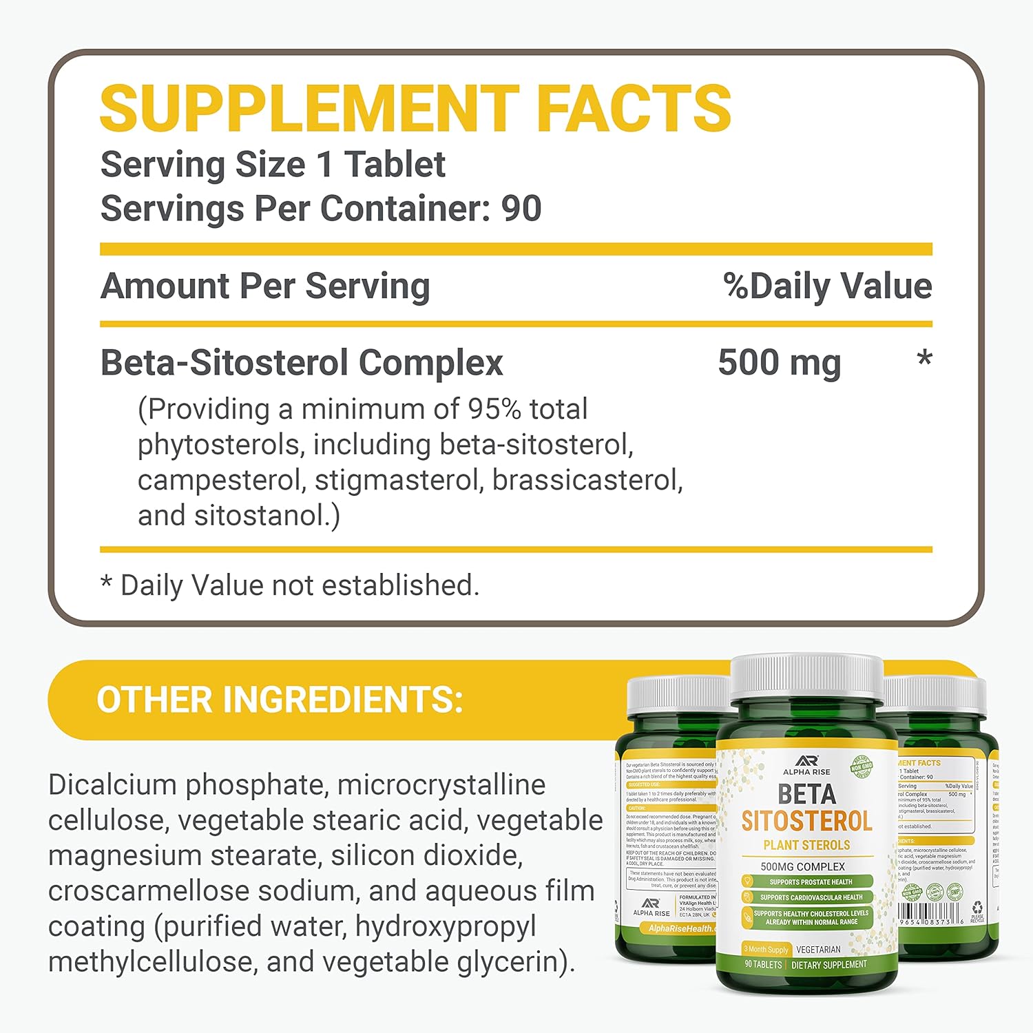 500mg Non-GMO Beta Sitosterol Tablets for Prostate and Cholesterol Support - Phytosterols Complex with Plant Sterols and Stanols