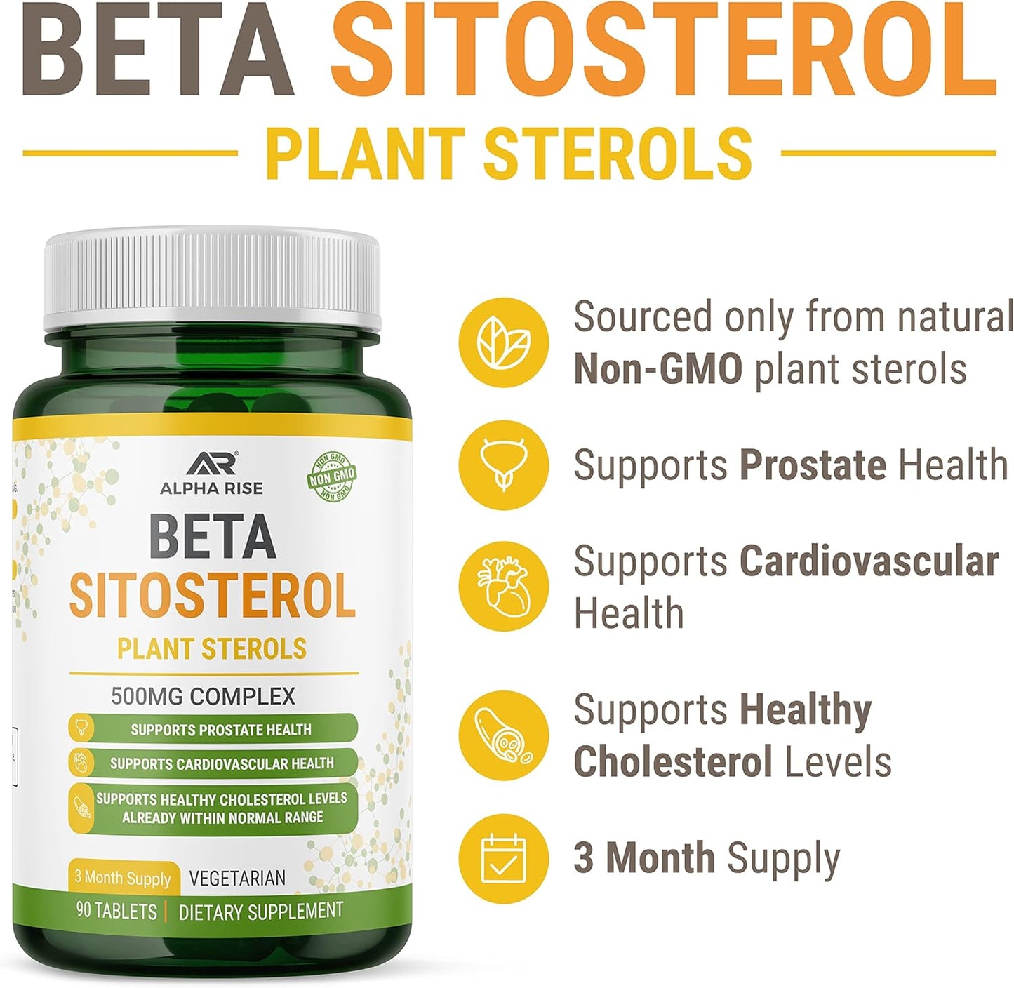 500mg Non-GMO Beta Sitosterol Tablets for Prostate and Cholesterol Support - Phytosterols Complex with Plant Sterols and Stanols