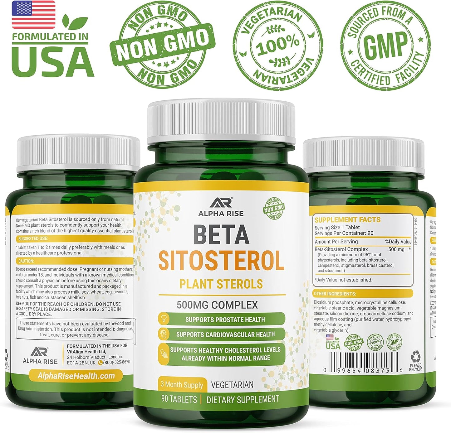 500mg Non-GMO Beta Sitosterol Tablets for Prostate and Cholesterol Support - Phytosterols Complex with Plant Sterols and Stanols