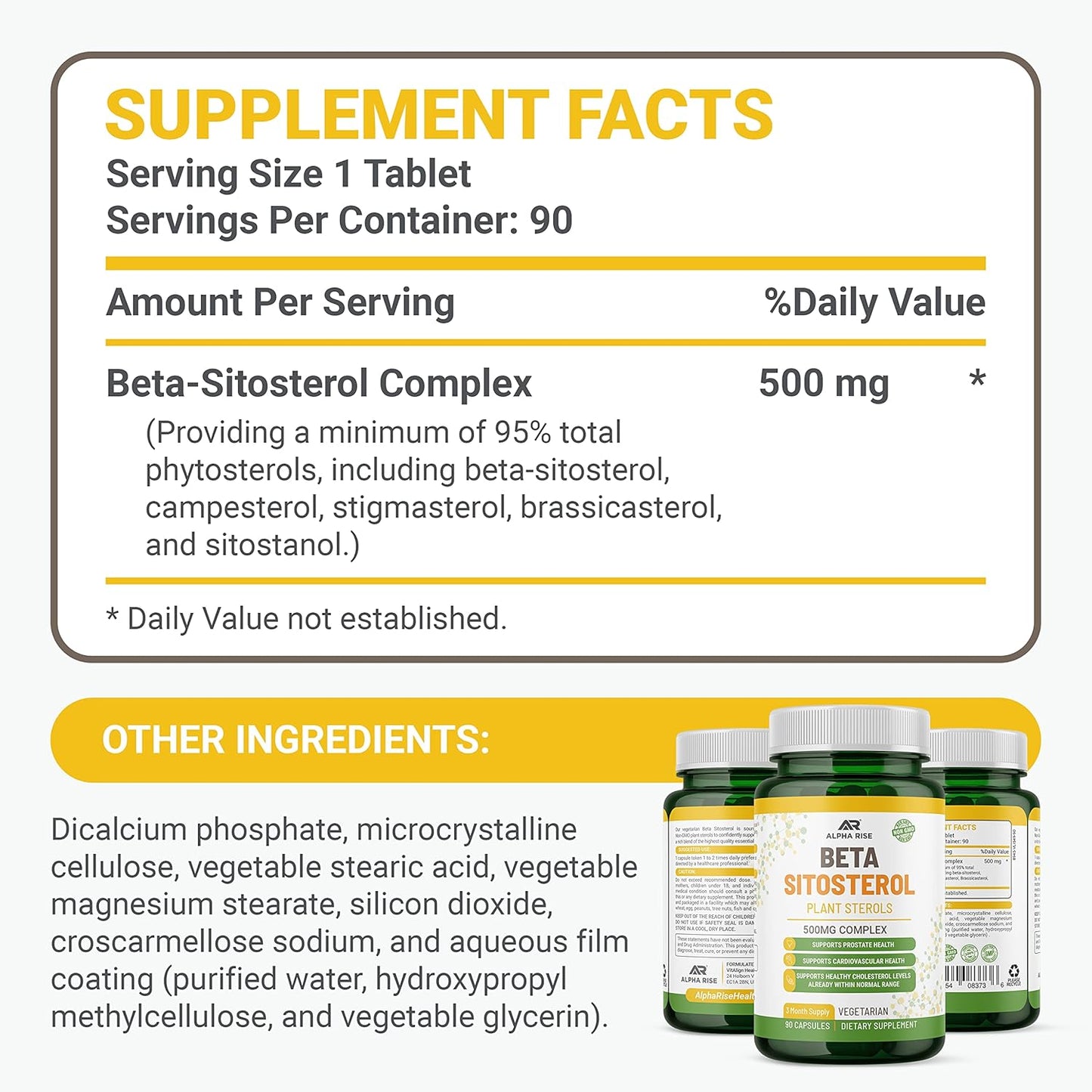 500mg Non-GMO Beta Sitosterol Tablets for Prostate and Cholesterol Support - Phytosterols Complex with Plant Sterols and Stanols