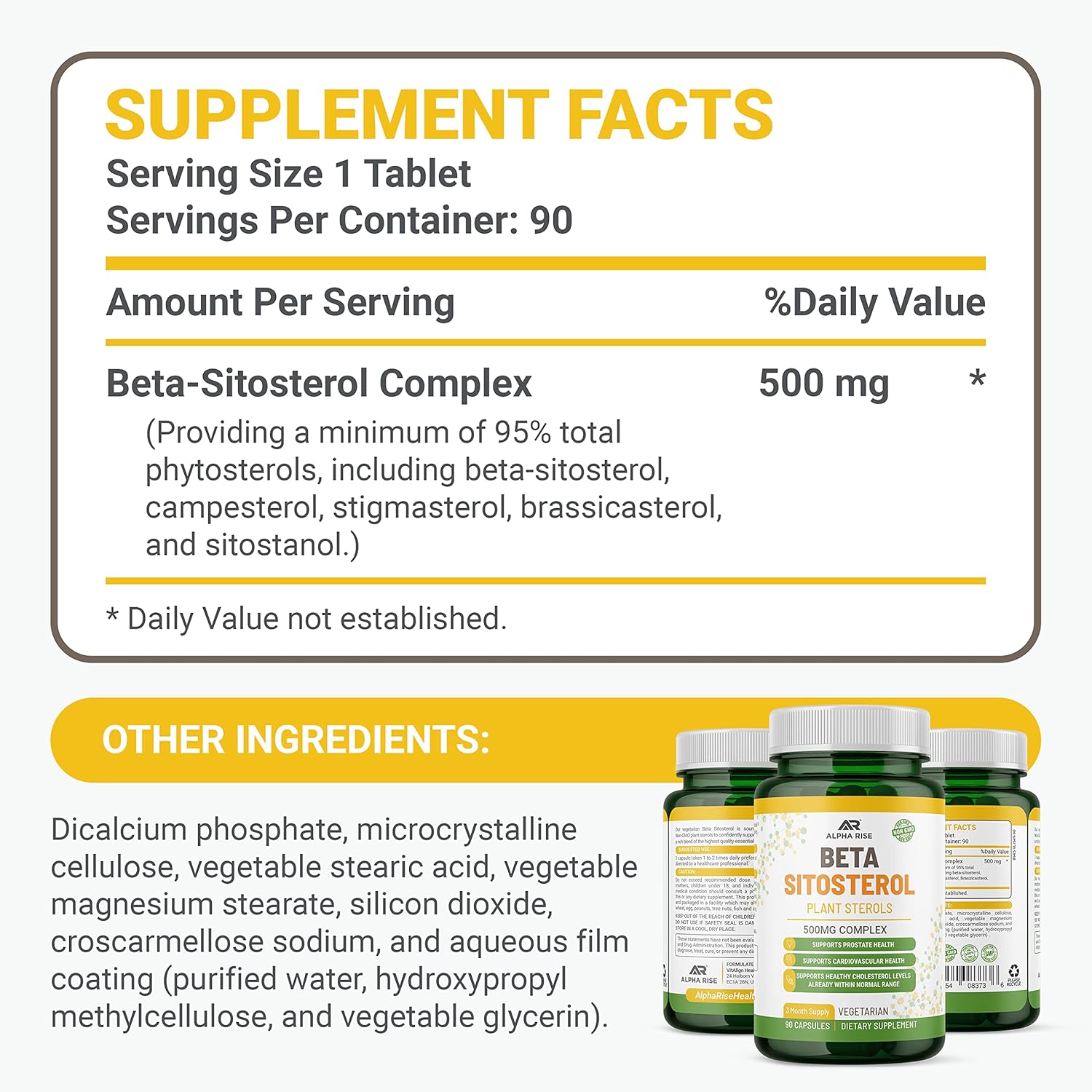 500mg Non-GMO Beta Sitosterol Tablets for Prostate and Cholesterol Support - Phytosterols Complex with Plant Sterols and Stanols