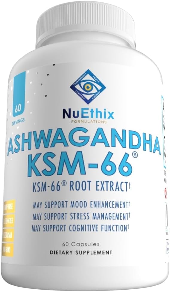 500mg NuEthix Formulations Ashwagandha KSM-66 Root Extract with BioPerine for Mood, Stress, & Cognitive Support - Gluten Free, Vegetarian, Non-GMO, Dairy Free - 60 Servings