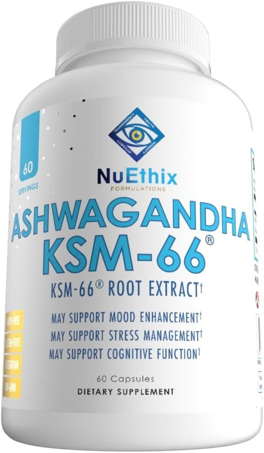 500mg NuEthix Formulations Ashwagandha KSM-66 Root Extract with BioPerine for Mood, Stress, & Cognitive Support - Gluten Free, Vegetarian, Non-GMO, Dairy Free - 60 Servings