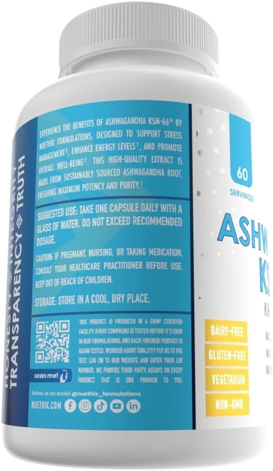 500mg NuEthix Formulations Ashwagandha KSM-66 Root Extract with BioPerine for Mood, Stress, & Cognitive Support - Gluten Free, Vegetarian, Non-GMO, Dairy Free - 60 Servings