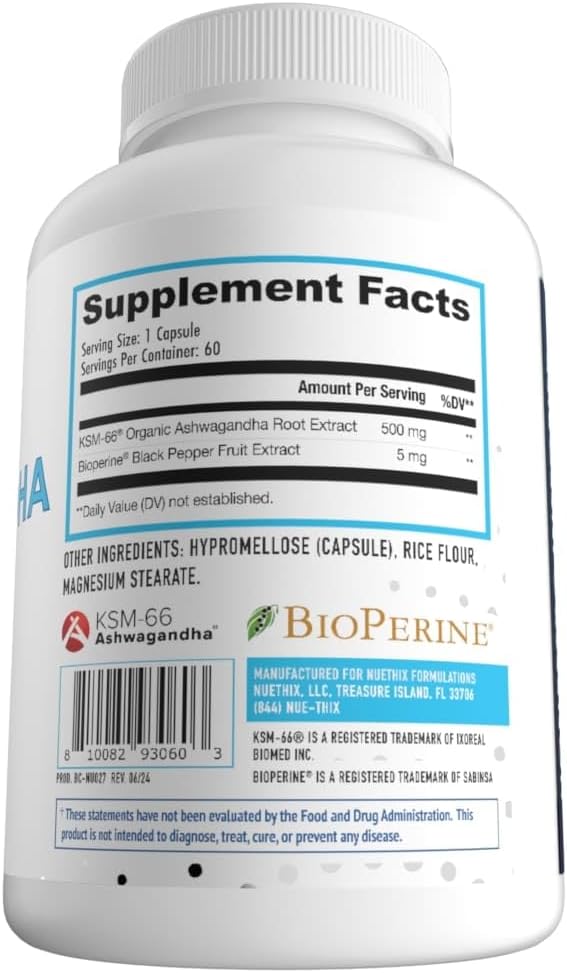 500mg NuEthix Formulations Ashwagandha KSM-66 Root Extract with BioPerine for Mood, Stress, & Cognitive Support - Gluten Free, Vegetarian, Non-GMO, Dairy Free - 60 Servings