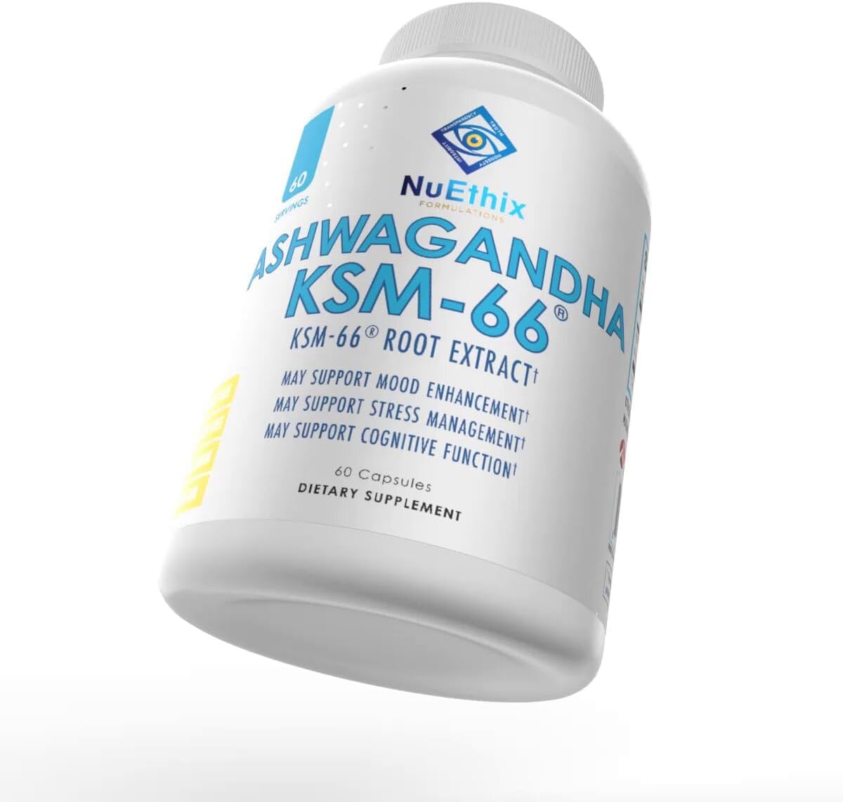 500mg NuEthix Formulations Ashwagandha KSM-66 Root Extract with BioPerine for Mood, Stress, & Cognitive Support - Gluten Free, Vegetarian, Non-GMO, Dairy Free - 60 Servings