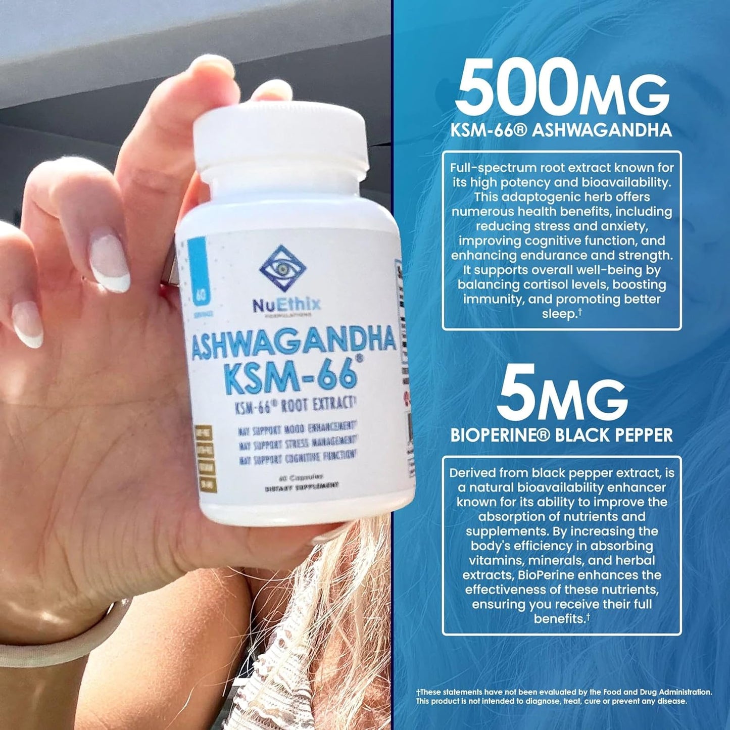 500mg NuEthix Formulations Ashwagandha KSM-66 Root Extract with BioPerine for Mood, Stress, & Cognitive Support - Gluten Free, Vegetarian, Non-GMO, Dairy Free - 60 Servings