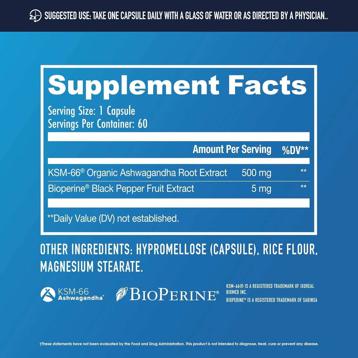 500mg NuEthix Formulations Ashwagandha KSM-66 Root Extract with BioPerine for Mood, Stress, & Cognitive Support - Gluten Free, Vegetarian, Non-GMO, Dairy Free - 60 Servings