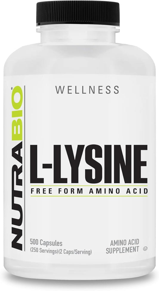500mg NutraBio L-Lysine Amino Acid Capsules - 500 Count - Non-GMO, Gluten Free, Vegan - Pure Grade Essential Amino Acid Supplement