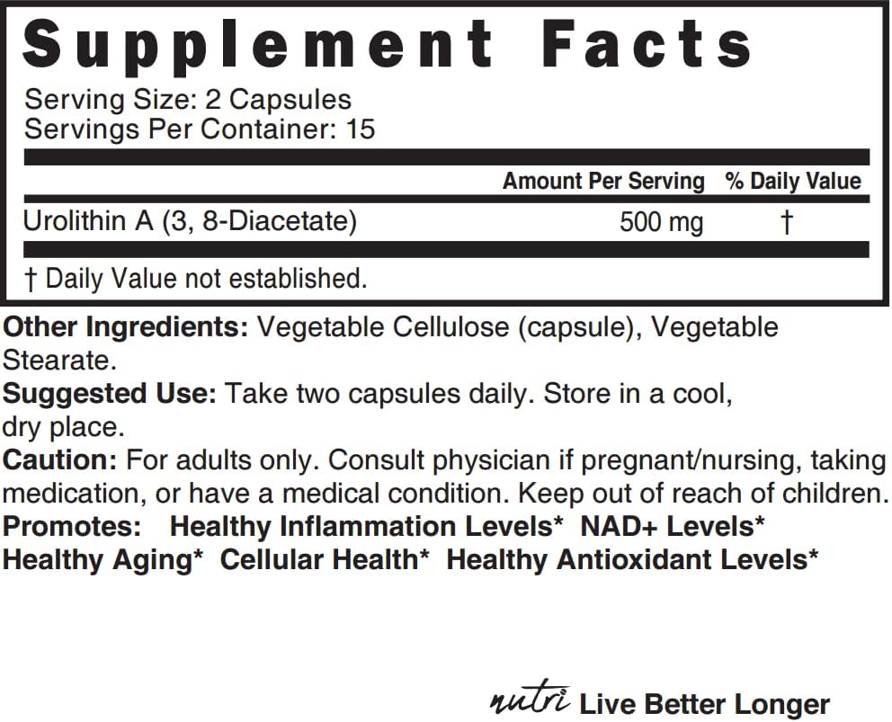 500mg Nutri Urolithin A Supplement - NAD+ Boost, Antioxidant, Cell Repair - 30 Vegan Capsules - 2 Week Supply - 3rd Party Tested