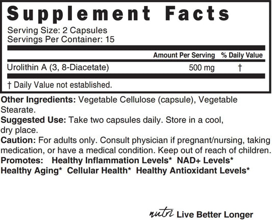 500mg Nutri Urolithin A Supplement - NAD+ Boost, Antioxidant, Cell Repair - 30 Vegan Capsules - 2 Week Supply - 3rd Party Tested