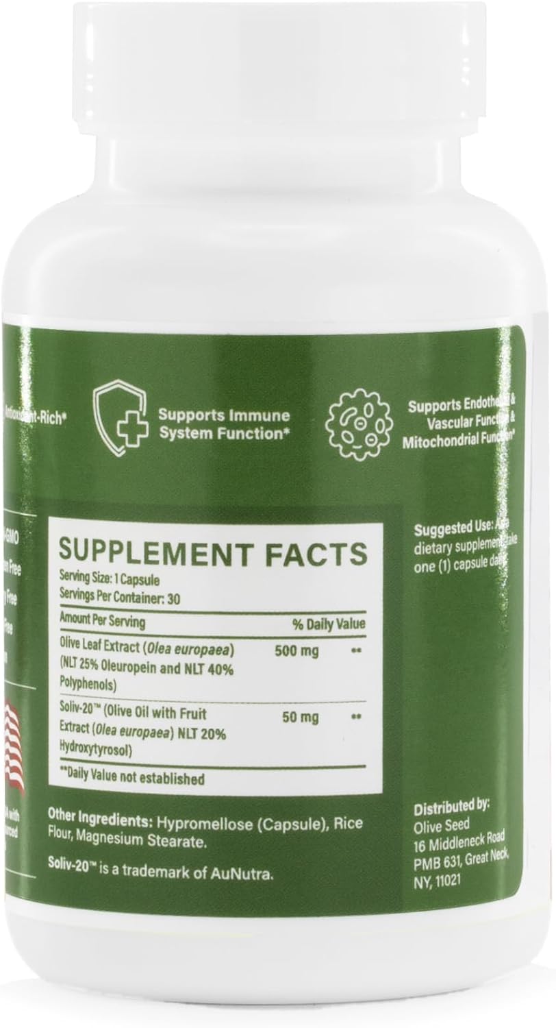 500mg Olive Leaf Extract Supplement with 25% Oleuropein, 20% Hydroxytyrosol, and 40% Polyphenols - Non-GMO, Gluten Free, Dairy Free, Soy Free, Vegan - 30 Capsules