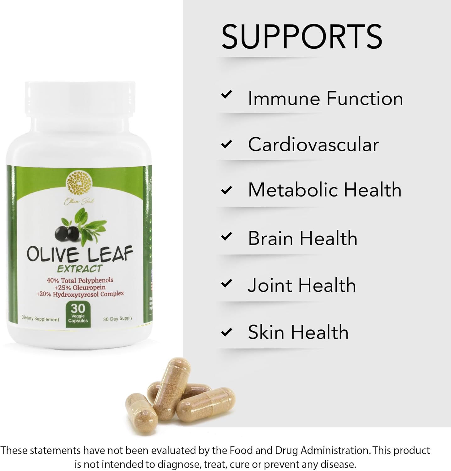 500mg Olive Leaf Extract Supplement with 25% Oleuropein, 20% Hydroxytyrosol, and 40% Polyphenols - Non-GMO, Gluten Free, Dairy Free, Soy Free, Vegan - 30 Capsules