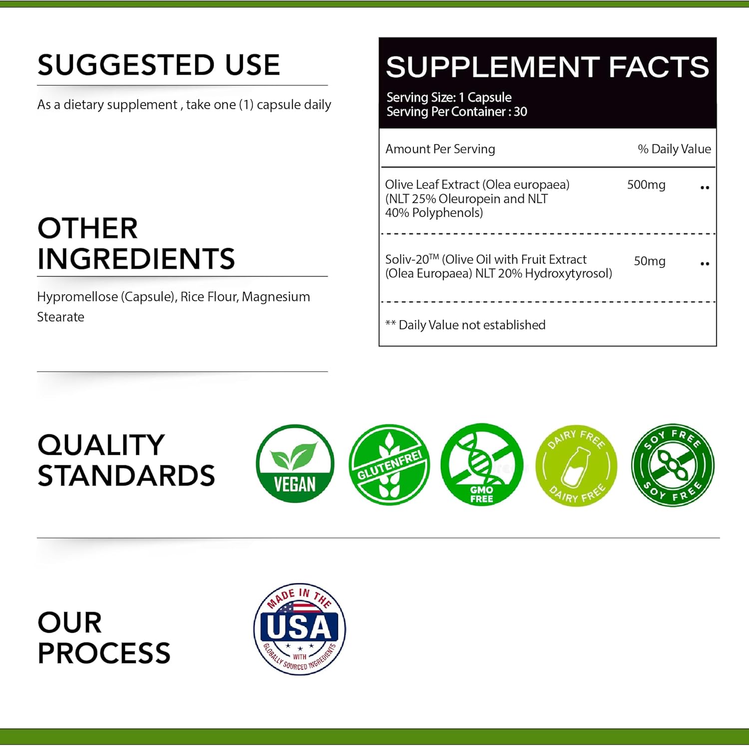 500mg Olive Leaf Extract Supplement with 25% Oleuropein, 20% Hydroxytyrosol, and 40% Polyphenols - Non-GMO, Gluten Free, Dairy Free, Soy Free, Vegan - 30 Capsules