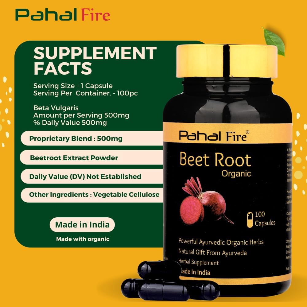 500mg Organic Beet Root Herbal Supplement - 100 Capsules - 50 Days Supply - Nitric Oxide Boost - Lab Tested - Wild Harvested from India