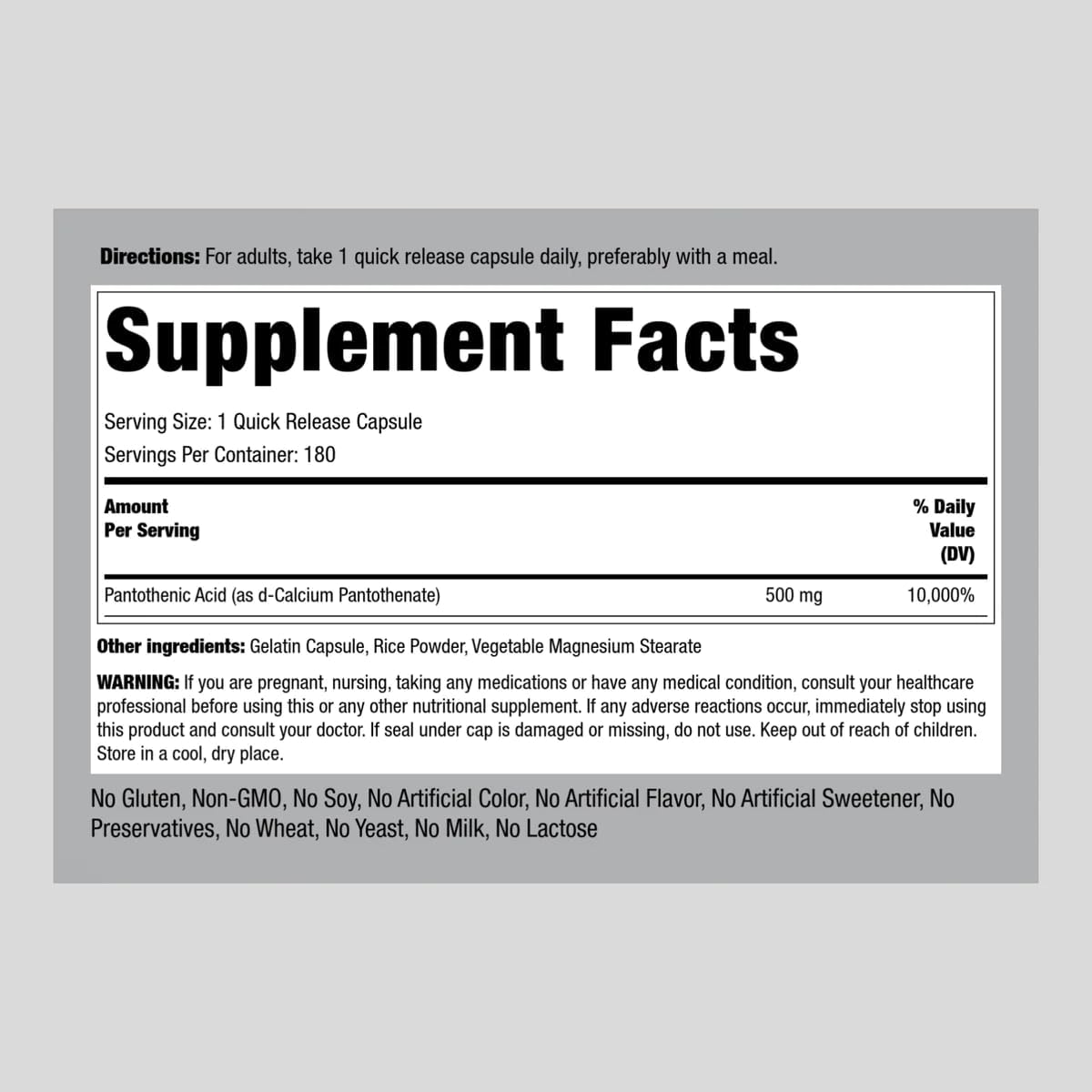500mg Pantothenic Acid Capsules - 180 Count - Non-GMO & Gluten Free B Vitamin Supplement by Piping Rock