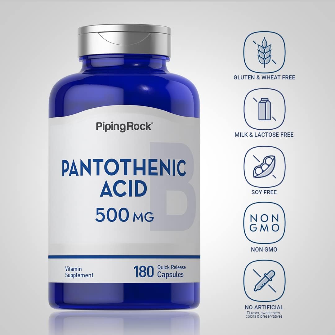 500mg Pantothenic Acid Capsules - 180 Count - Non-GMO & Gluten Free B Vitamin Supplement by Piping Rock