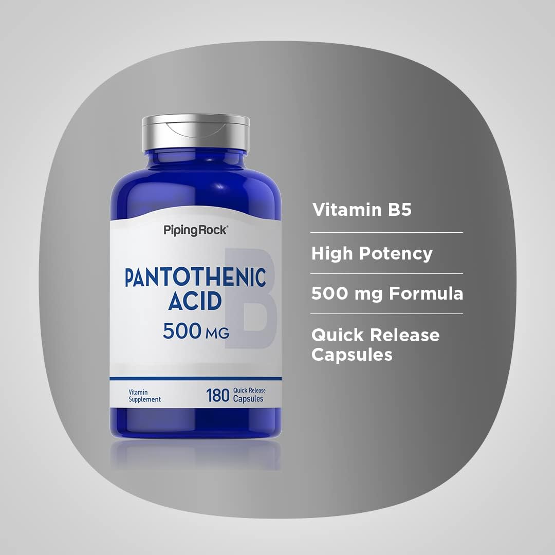 500mg Pantothenic Acid Capsules - 180 Count - Non-GMO & Gluten Free B Vitamin Supplement by Piping Rock