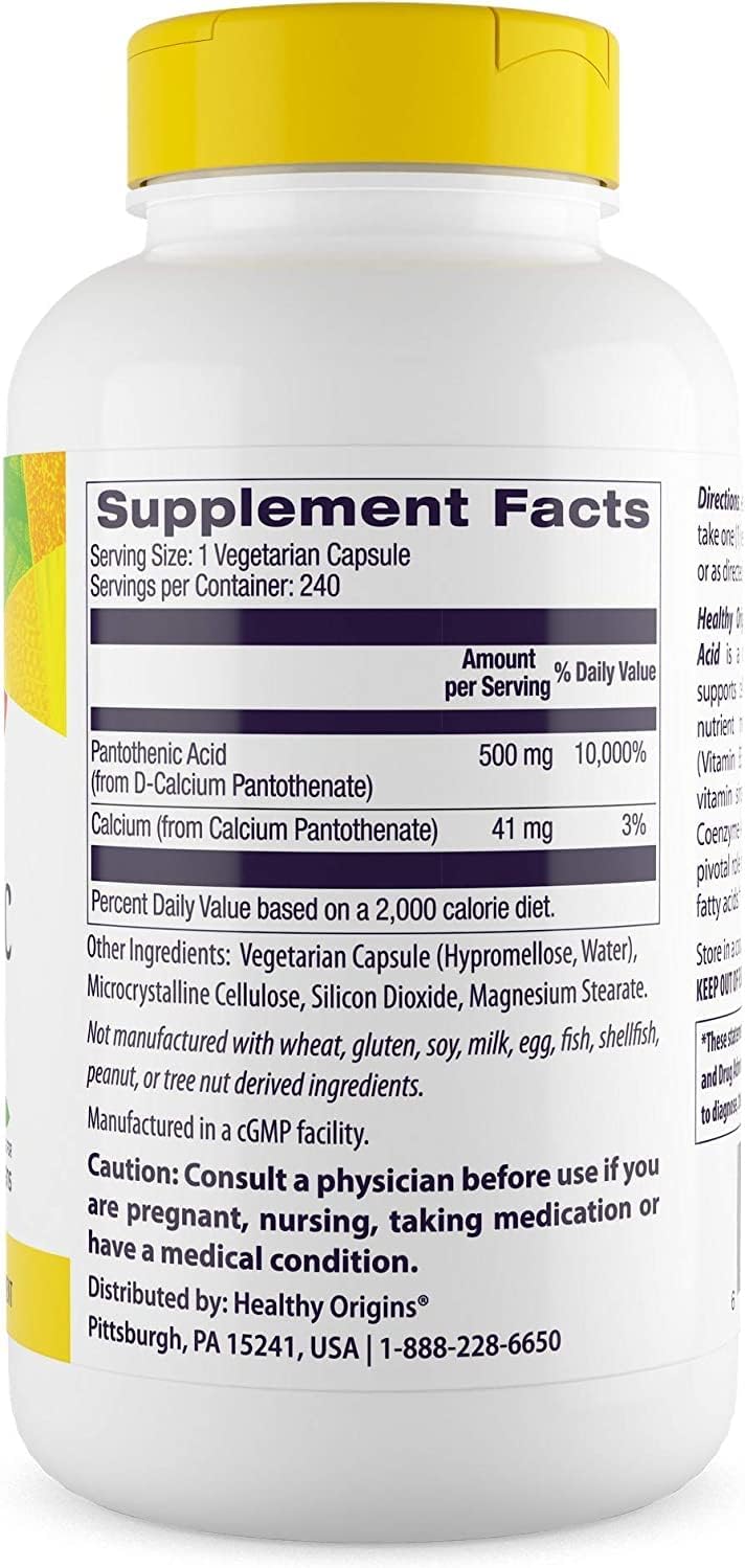 500mg Pantothenic Acid Supplement for Energy Metabolism - Non-GMO & Gluten-Free - 240 Veggie Capsules