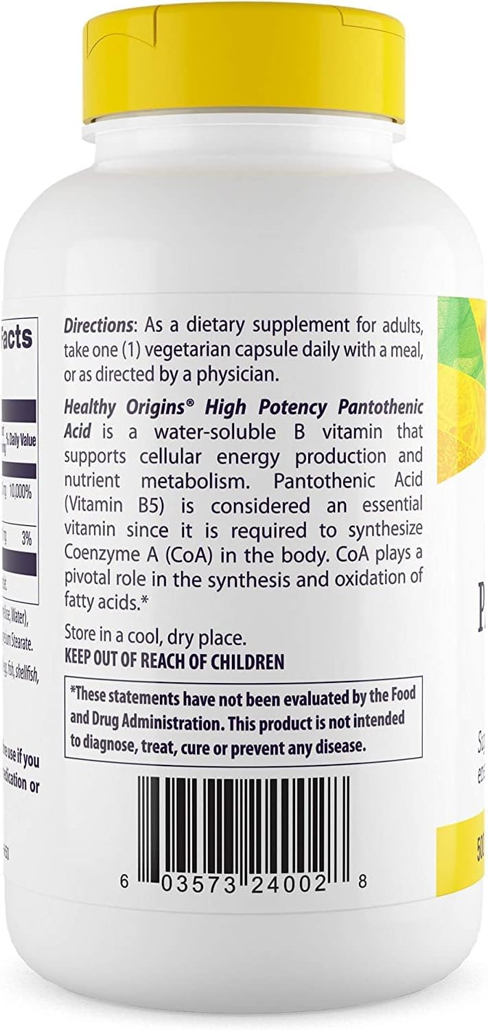 500mg Pantothenic Acid Supplement for Energy Metabolism - Non-GMO & Gluten-Free - 240 Veggie Capsules