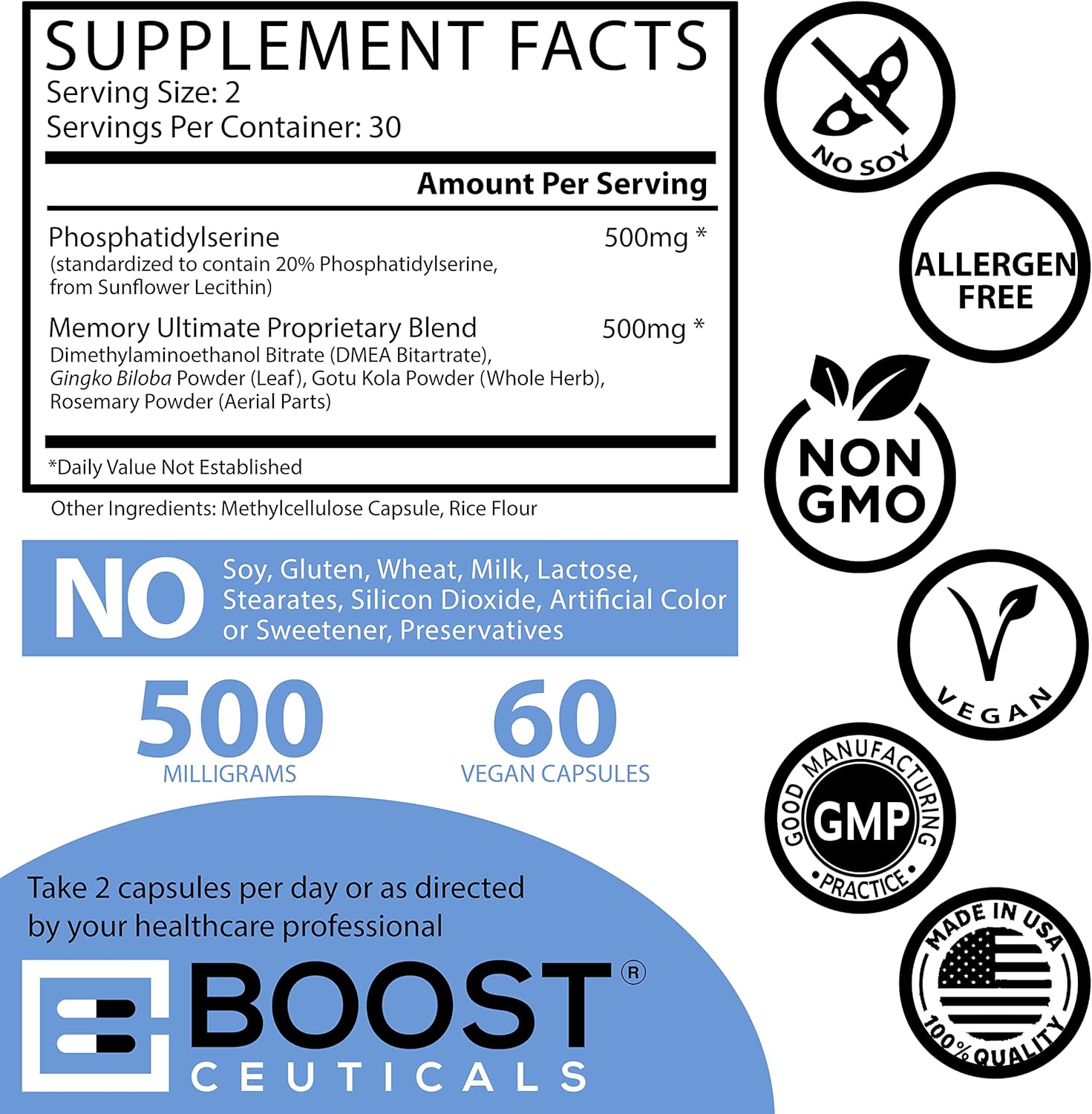 500mg Phosphatidylserine Supplement - Vegan Non-GMO Brain Support - Sunflower Lecithin Derived - BoostCeuticals