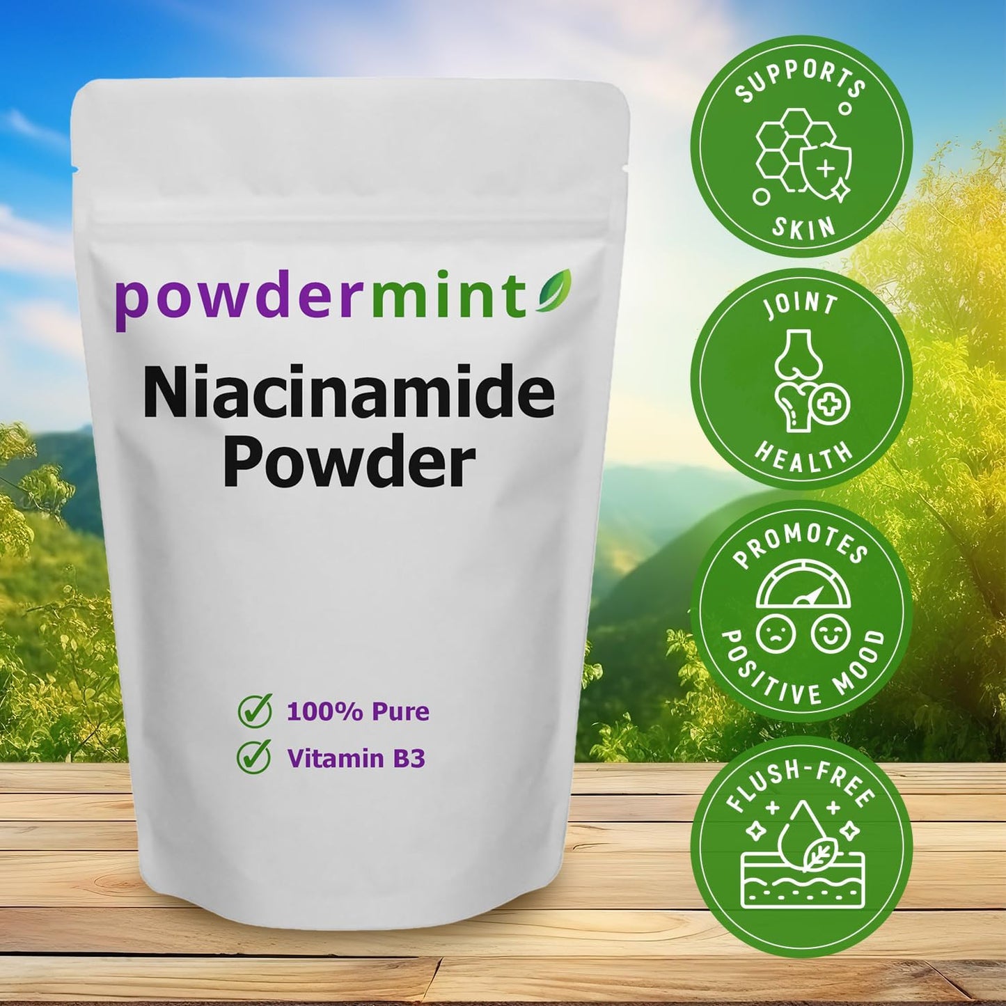 500mg Pure Niacin Powder - Flush-Free Niacinamide (Vitamin B3) Supplement - 500g Powdermint Formula