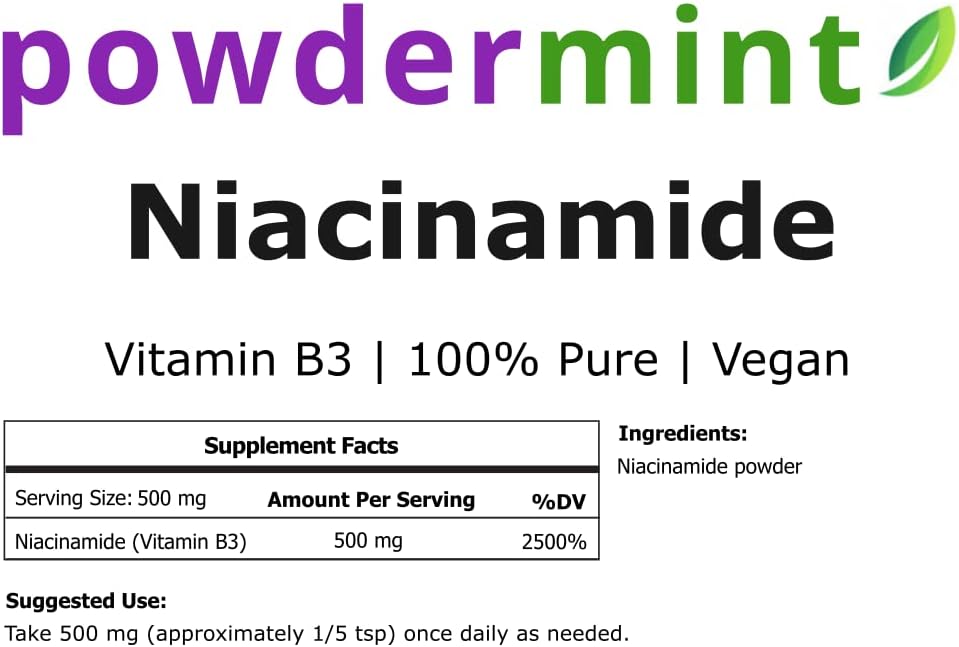 500mg Pure Niacin Powder - Flush-Free Niacinamide (Vitamin B3) Supplement - 500g Powdermint Formula