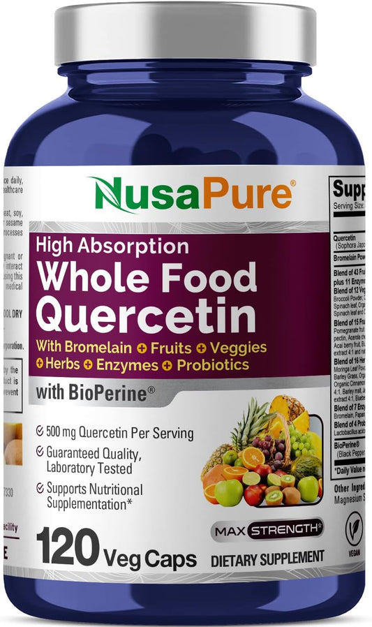 500mg Quercetin with Bromelain | 120 Vegan Capsules | Enzyme Probiotic Blend | Non-GMO, Bioperine | NusaPure