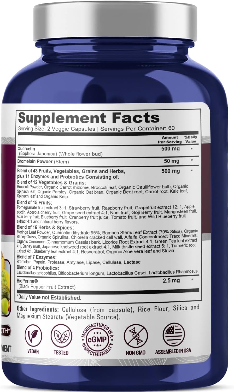 500mg Quercetin with Bromelain | 120 Vegan Capsules | Enzyme Probiotic Blend | Non-GMO, Bioperine | NusaPure