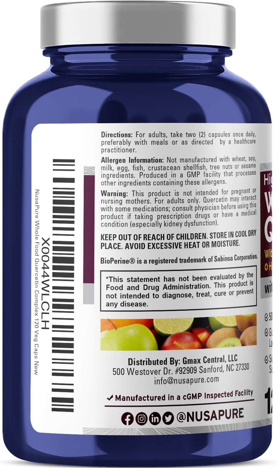 500mg Quercetin with Bromelain | 120 Vegan Capsules | Enzyme Probiotic Blend | Non-GMO, Bioperine | NusaPure